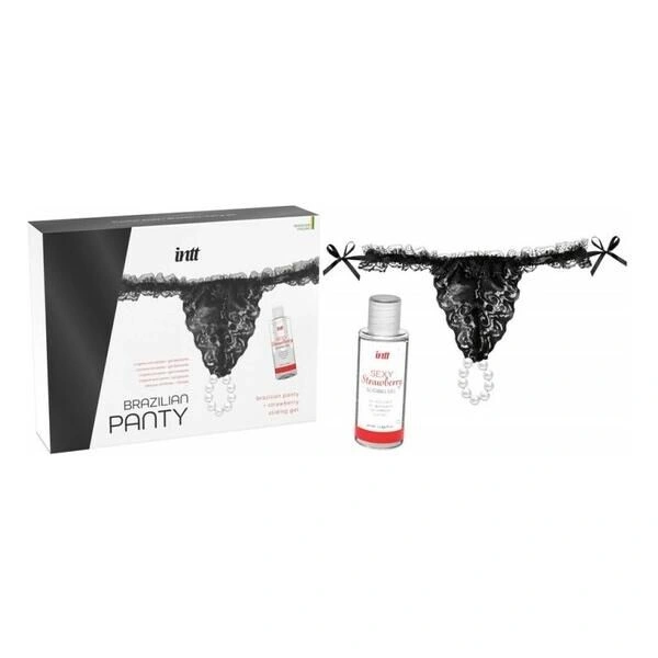 Набор Intt BRAZILIAN PANTY BLACK: трусики на резинке S-XL с жемчужным кольцом + клубничная смазка фото 1