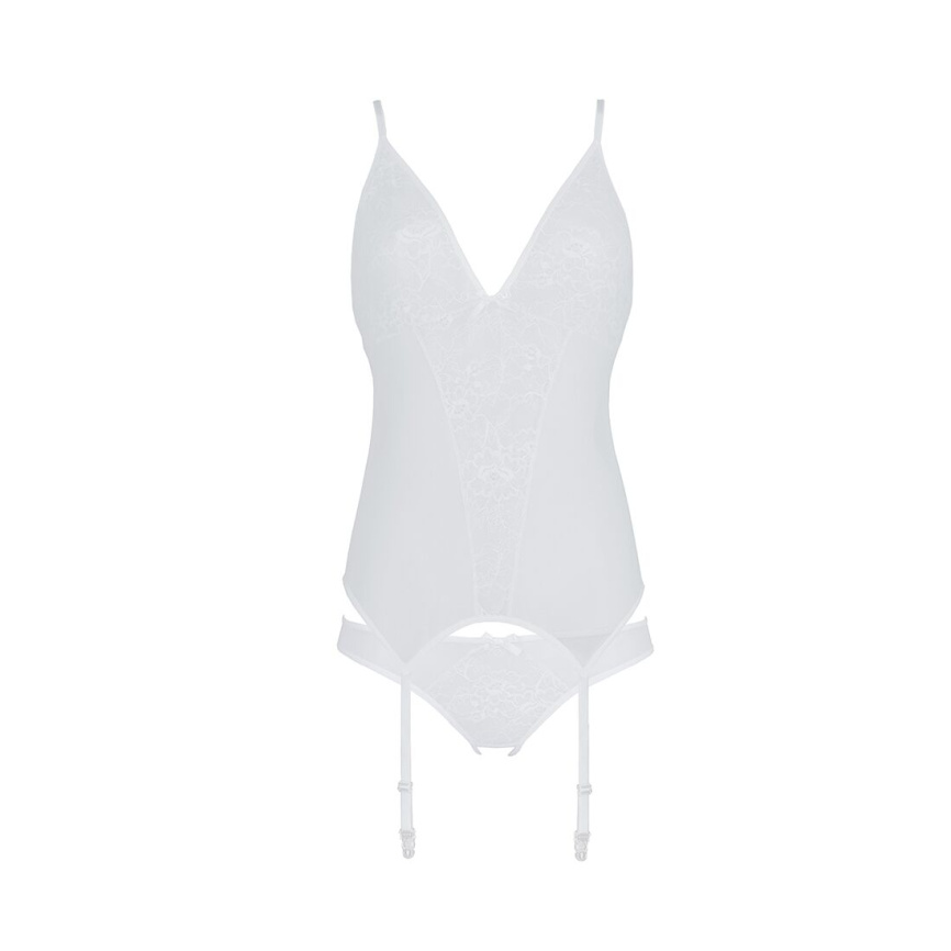 Корсет із пажами, трусики з ажурним декором та відкритим кроком Passion URSULA CORSET S/M, white фото 3
