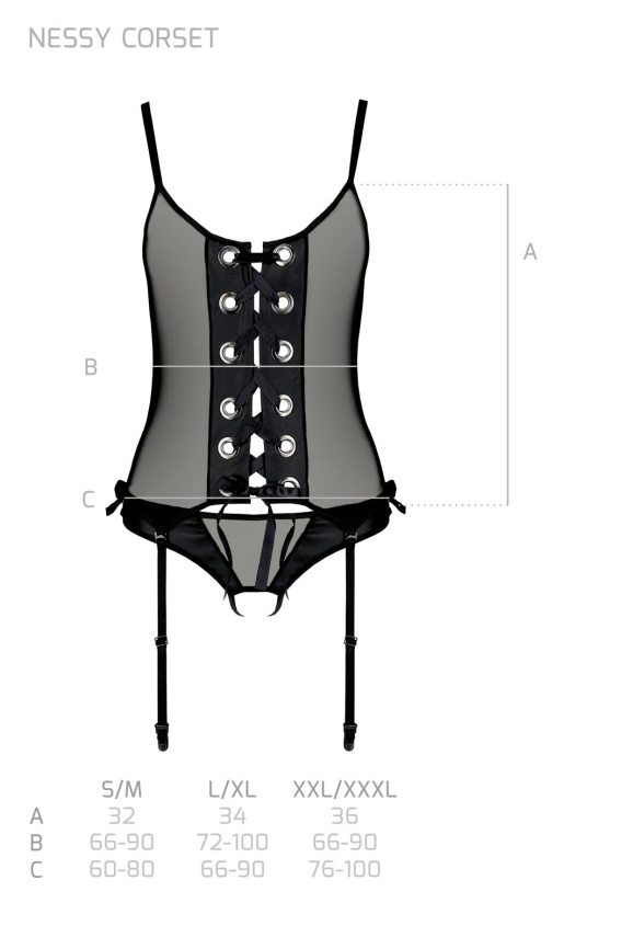 Корсет зі шнурівкою Passion NESSY CORSET S/M black, стрінги з відкритим доступом, пажі для панчіх фото 7