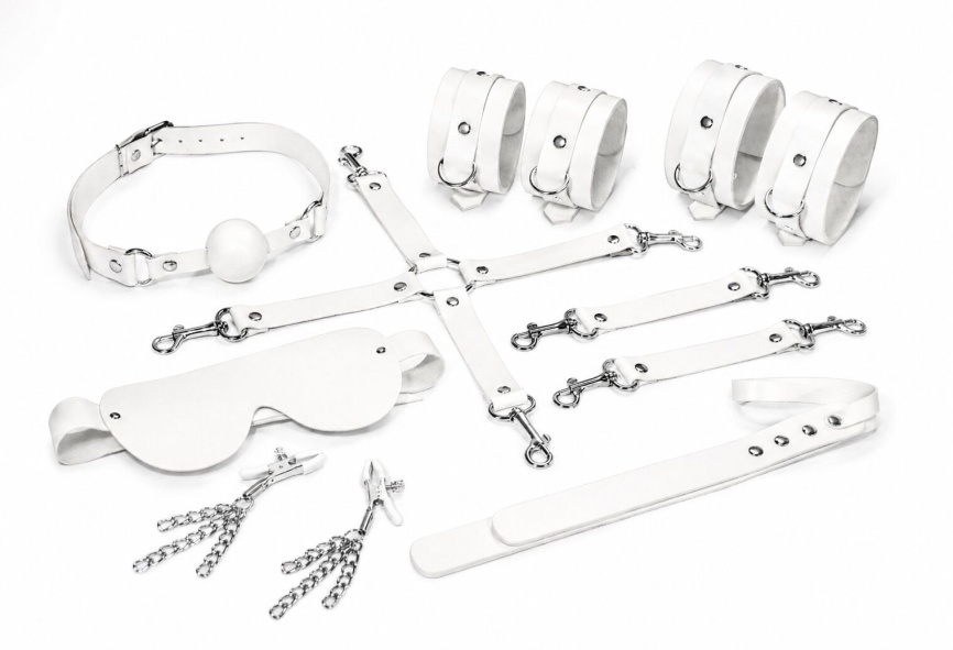 Набір Feral Feelings BDSM Kit 7 White, наручники, поножі, конектор, маска, падл, кляп, затискачі фото 1