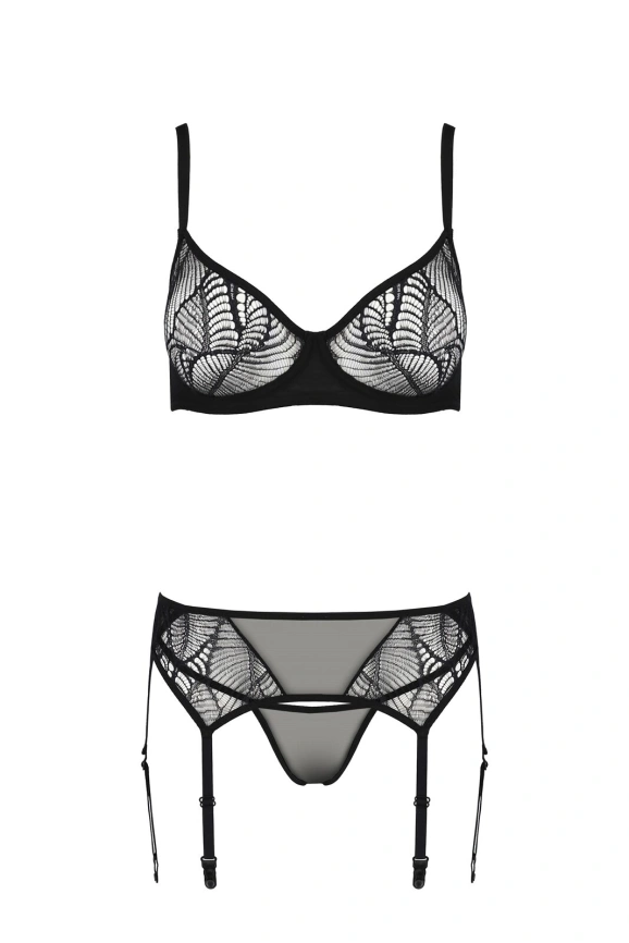 Комплект Passion LEAFA SET black, L/XL, кружево+сетка, бюстгальтер на косточках, стринги, пояс для чулок фото 3