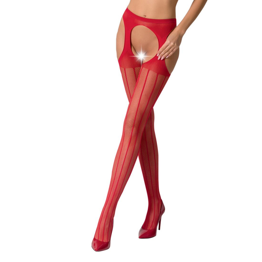 Сітчасті панчохи-стокінги Passion S018 One Size, Red, імітація пояса, сітка з вертикальними смужками фото 1