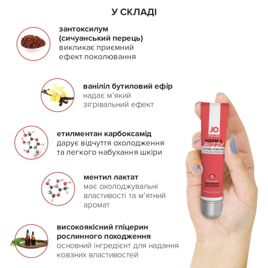 Возбуждающий гель для клитора JO WARM & BUZZY (10 мл) с эффектом жидкого вибратора фото 4