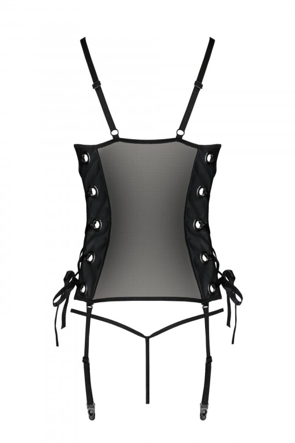 Сетчатый корсет с люверсами и съемными пажами Passion MALWIA CORSET S/M, black, эко-кожа, стринги фото 4