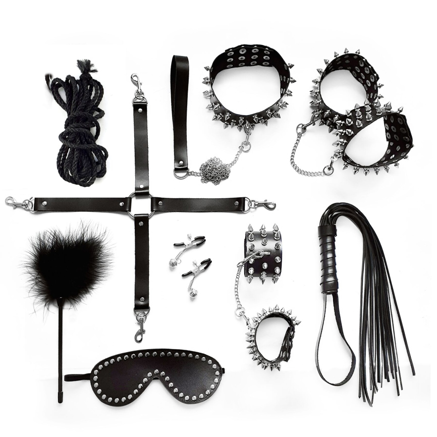 BDSM-набір Art of Sex – Spikes BDSM Set Leather, 10 предметів, чорний, натуральна шкіра фото 1