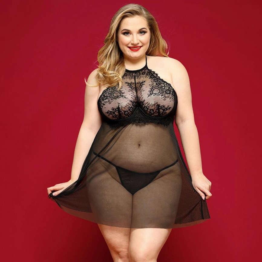 Сорочка беби-долл JSY «Страстная Лилит» Plus Size, Black, халтер, мелкая сетка, кружево, стринги фото 1