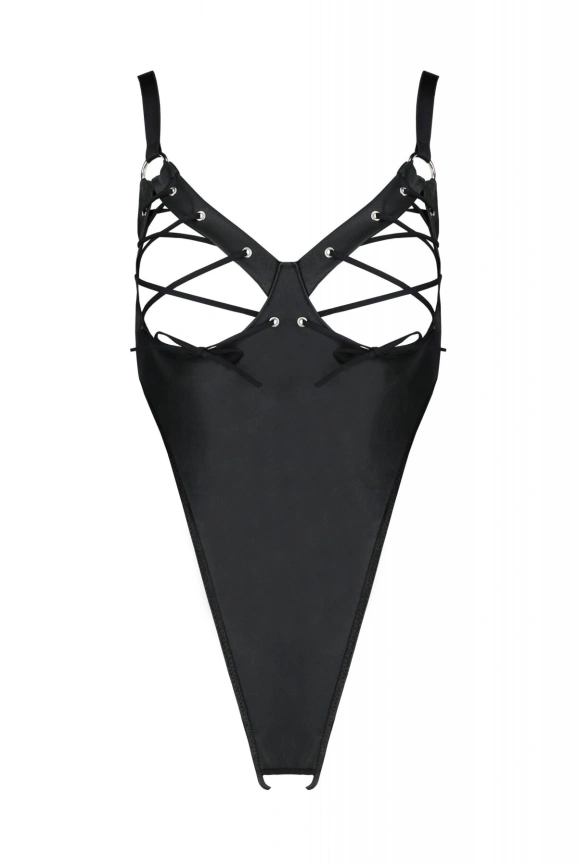Боди из экокожи Passion CELINE BODY 4XL/5XL black, с доступом, открытый фото 3