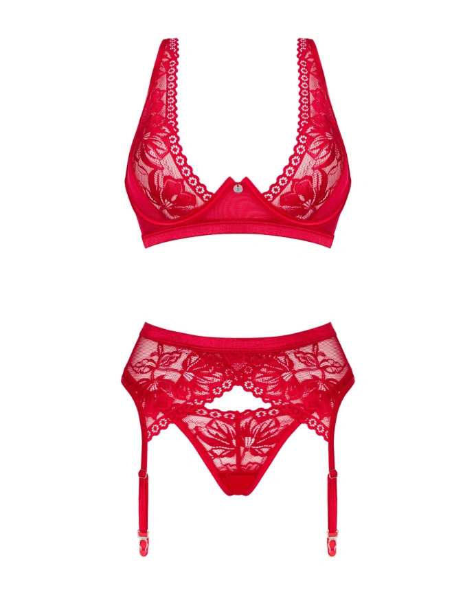 Комплект белья Obsessive Lacelove cupless 3-pcs set M/L Red, бюстгальтер, стринги, пояс для чулок фото 3