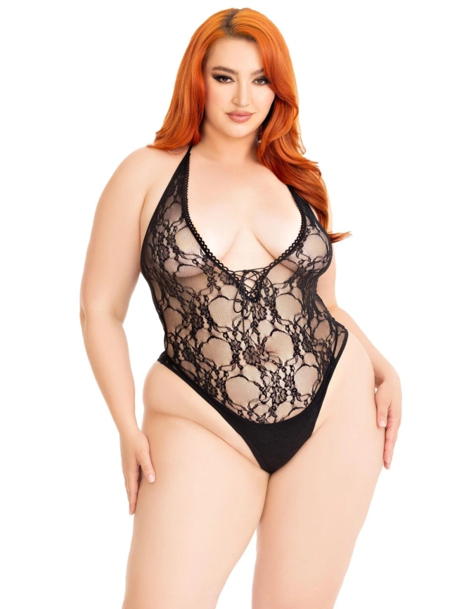 Тедди Leg Avenue Floral lace deep-V teddy, 1X/2X, черное, кружевное, открытая спина, высокие трусики фото 1