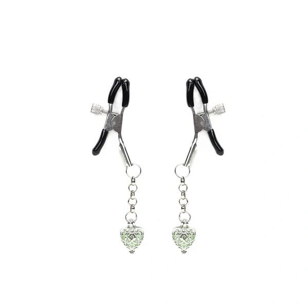 Зажимы для сосков с сердечком Liebe Seele Glow-in-dark Nipple Clamps Green, светятся в темноте фото 1