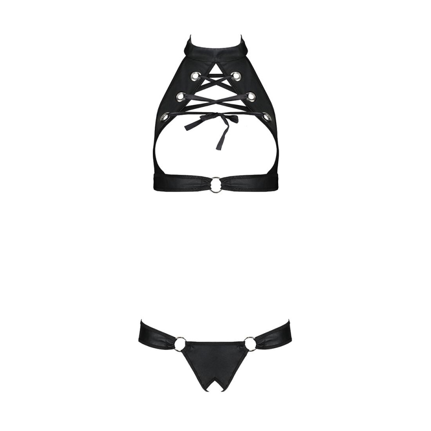 Комплект відкритий топ та трусики з екошкіри з люверсами Passion MALWIA SET with Open Bra L/XL black фото 3