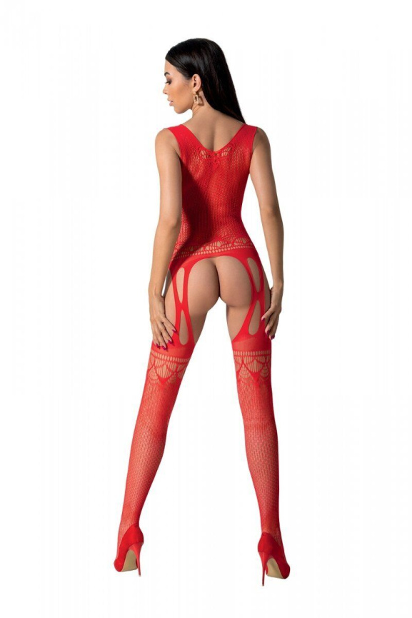 Бодістокінг з плетінням на грудях Passion BS099 One Size, red, відкритий доступ, імітація підв’язок фото 2