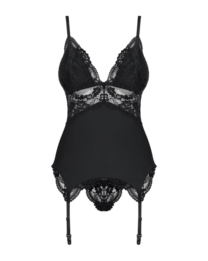 Сатиновий мереживний корсет Obsessive 810-COR-1 babydoll & thong S/M, чорний, корсет, танга фото 5
