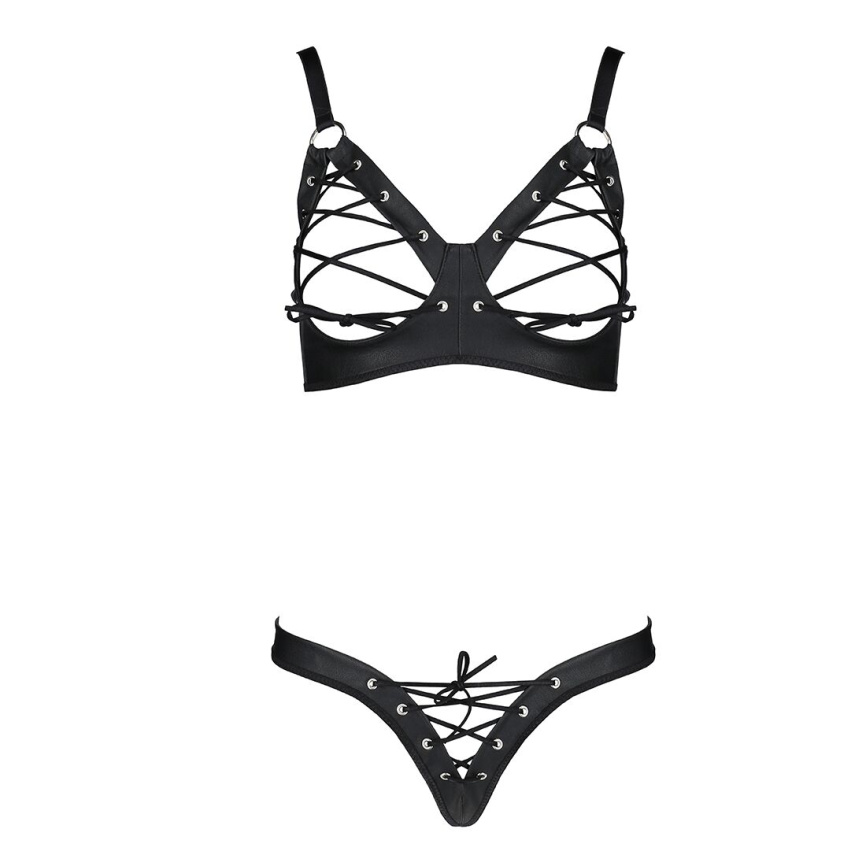 Комплект Passion CELINE BIKINI 2XL/3XL black відкритий бра з стрічками стрінги з шнурівкою, екошкіра фото 3