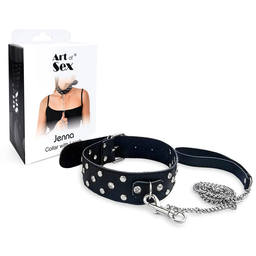 Ошейник с поводком из натуральной кожи с заклепками Art of Sex - Jenna Collar with Leash, черный фото 3