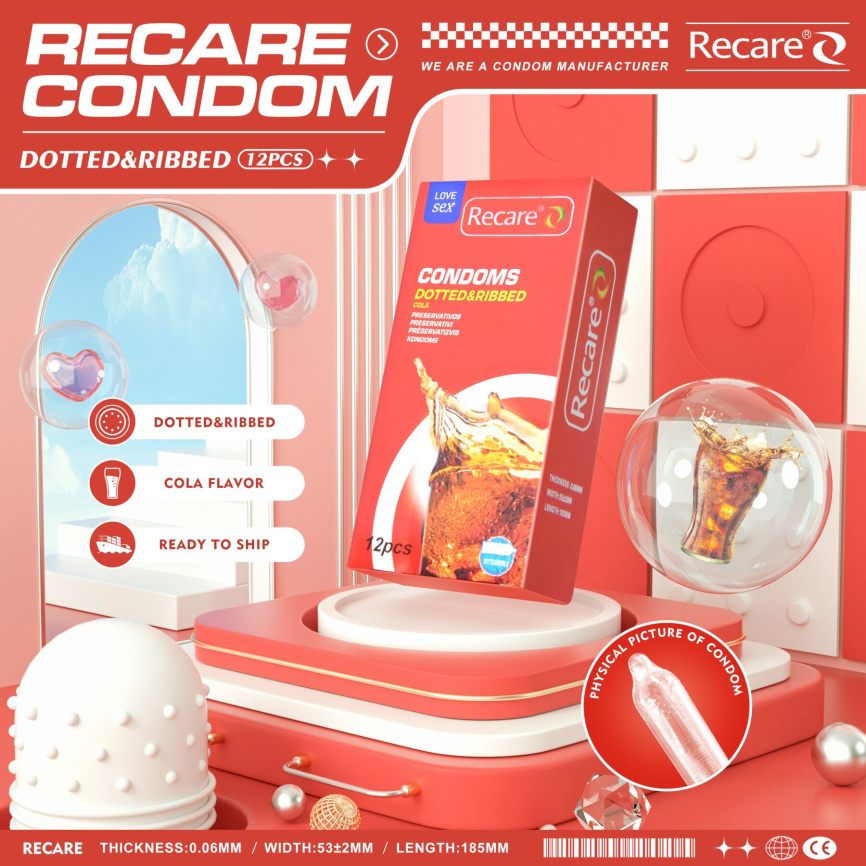 Презервативи Recare Cola Dotted&Ribbed Condoms 12 шт, з пухирцями та ребрами, аромат: Кола фото 5
