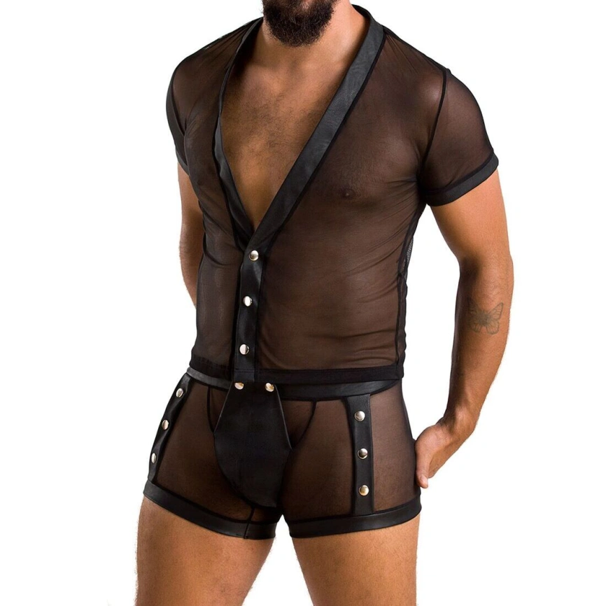 Комплект сетчатого мужского белья Passion 052 SET MICHAEL XXL/XXXL black, рубашка, боксеры, заклепки фото 7