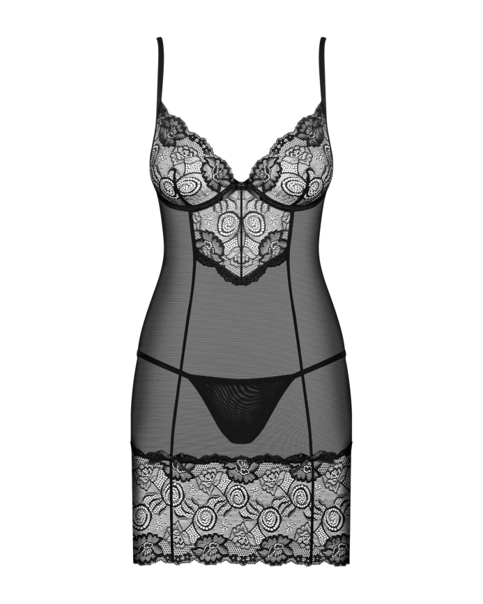 Сорочка Obsessive Alluria chemise & thong, L/XL, черная, кружево+микросетка, стринги в комплекте фото 3