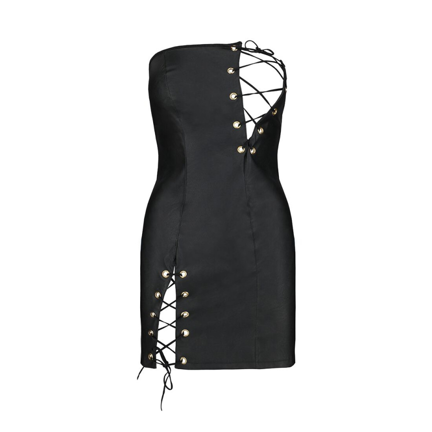 Мінісукня з екошкіри Passion CELINE CHEMISE S/M, black, шнурівка, трусики в комплекті фото 5