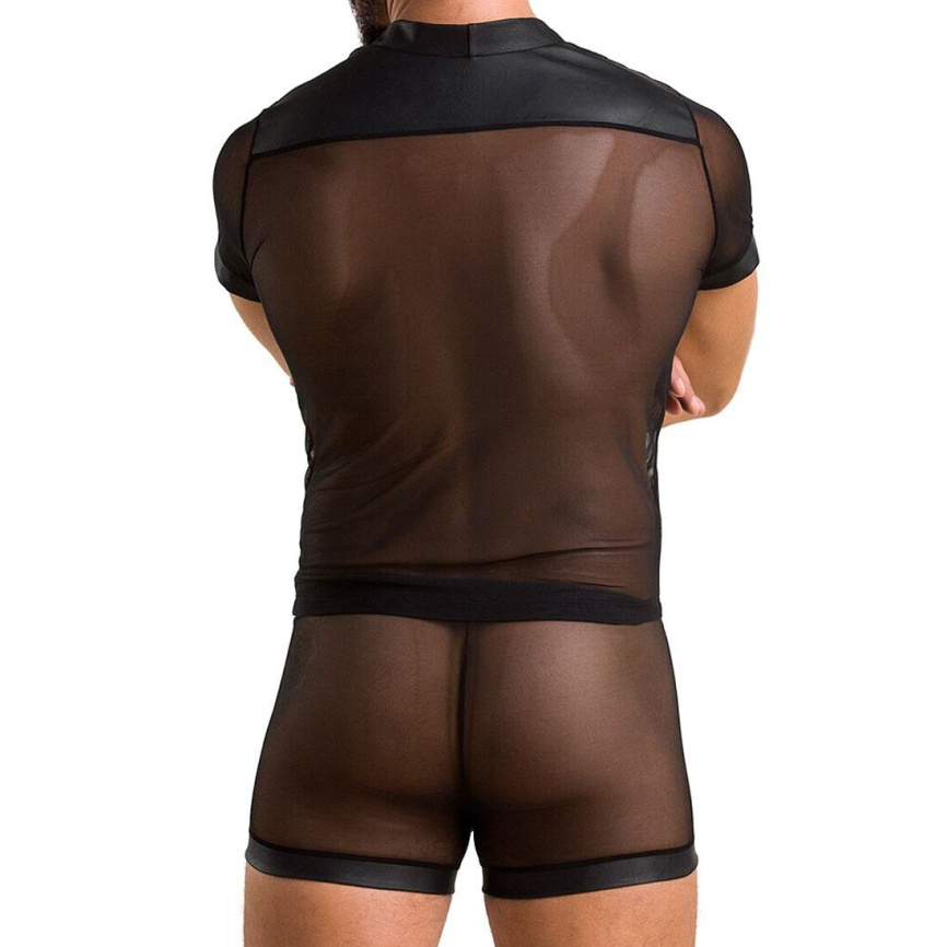 Комплект сітчастої чоловічої білизни Passion 052 SET MICHAEL S/M black, сорочка, боксери, заклепки фото 8