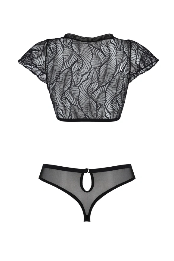 Комплект Passion LEAFA BIKINI black, XXL/XXXL, бюстгальтер-топ с рукавчиками, стринги-шортики с вырезом фото 4
