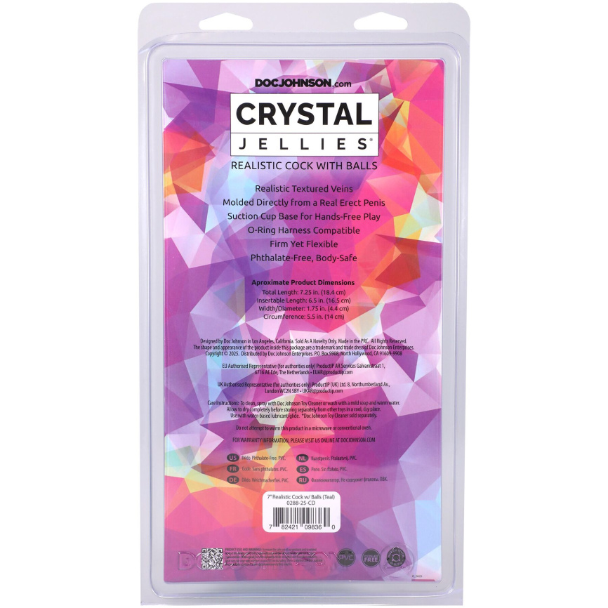 Фалоімітатор Doc Johnson Crystal Jellies - 7 Inch Realistic Cock with Balls - Teal фото 5