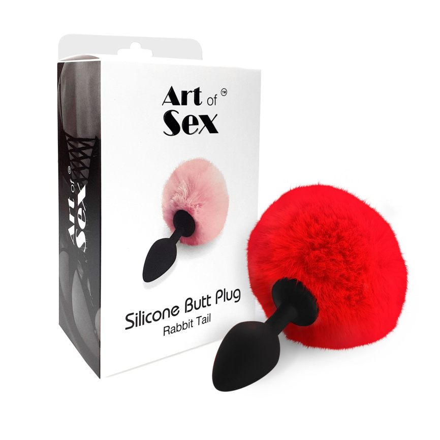 Силіконова анальна пробка М Art of Sex - Silicone Butt plug Rabbit Tail Red, діаметр 3,5 см фото 3