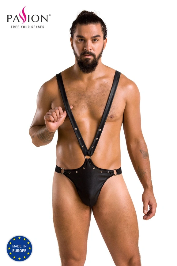 Мужское боди с люверсами Passion 028 HARRY L/XL Black, экокожа, на лямках фото 5