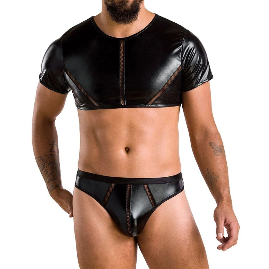 Комплект мужского белья под латекс Passion 057 SET PETER L/XL Black, кроп-топ, стринги фото 7