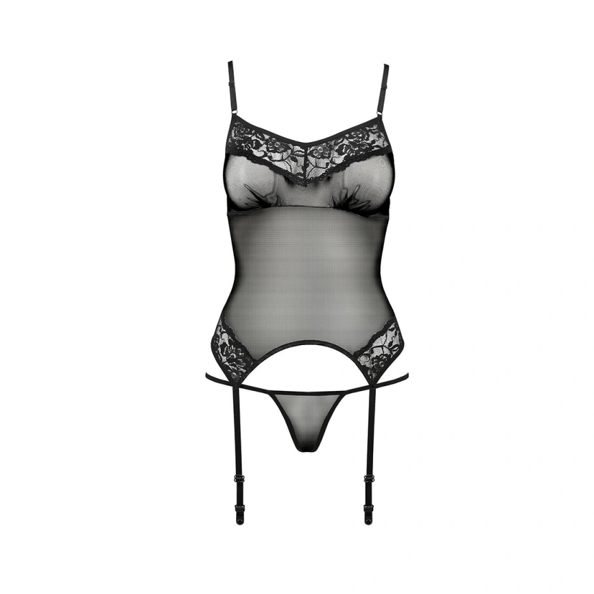 Корсет с пажами Passion MELANIA CORSET L/XL, black, трусики, полупрозрачный фото 6