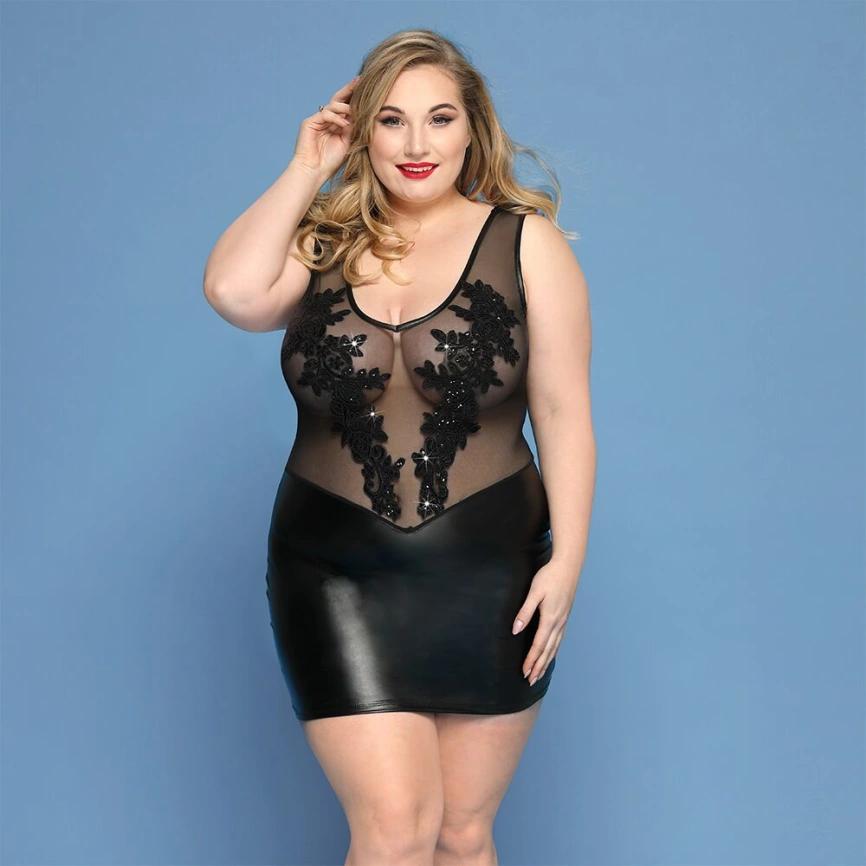 Элегантное платье JSY «Леди София» Plus Size, black, мелкая сетка, вышивка, экокожа фото 1