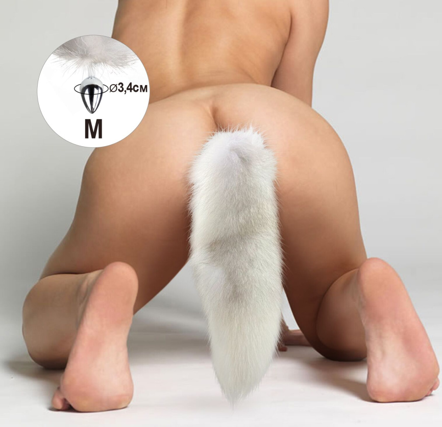 Металева анальна пробка з хвостом із натурального хутра Art of Sex size M White fox фото 4