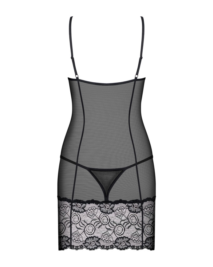 Сорочка Obsessive Alluria chemise & thong, L/XL, чорна, мереживо+мікросітка, стрінги в комплекті фото 4