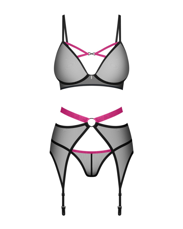 Комплект Obsessive Novenes 3-pcs set, XL/2XL, прозорий ліф на кісточках, стрінги, пояс фото 4
