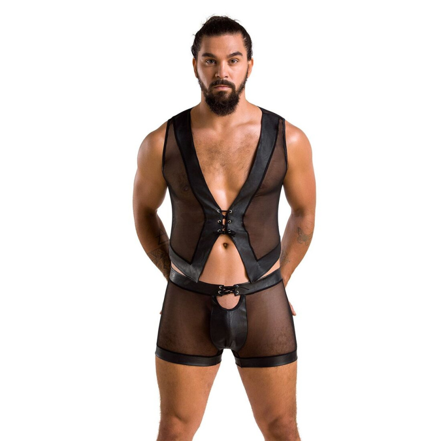 Комплект чоловічої білизни на шнурівці Passion 053 SET WILLIAM S/M Black, жилет, боксери фото 9