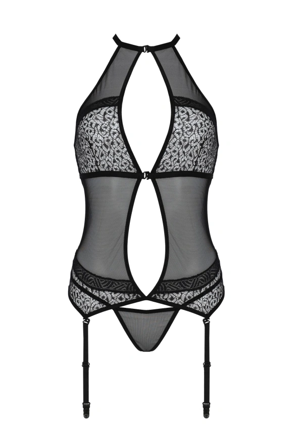 Корсет с пажами Passion SATARA CORSET L/XL black, стринги, кружево, застежки спереди и сзади фото 3