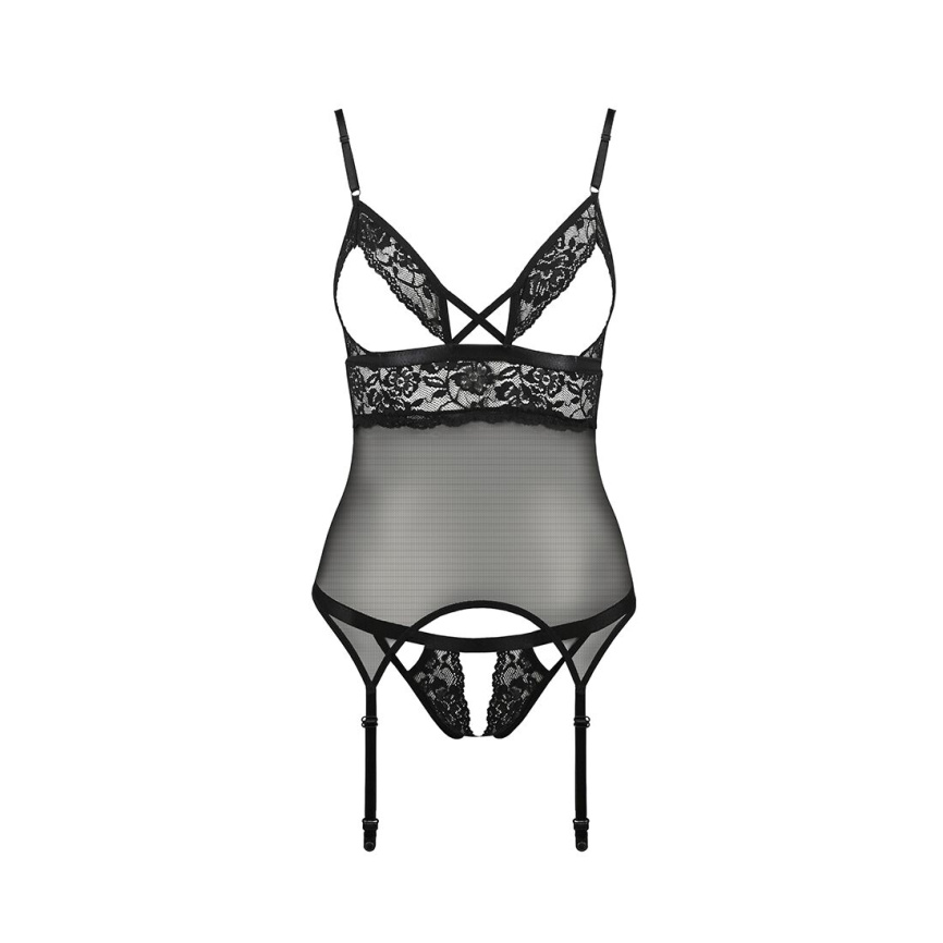 Корсет з відкритими грудьми Passion DIABOLINA CORSET S/M, black, пажі, трусики, напівпрозорий фото 3