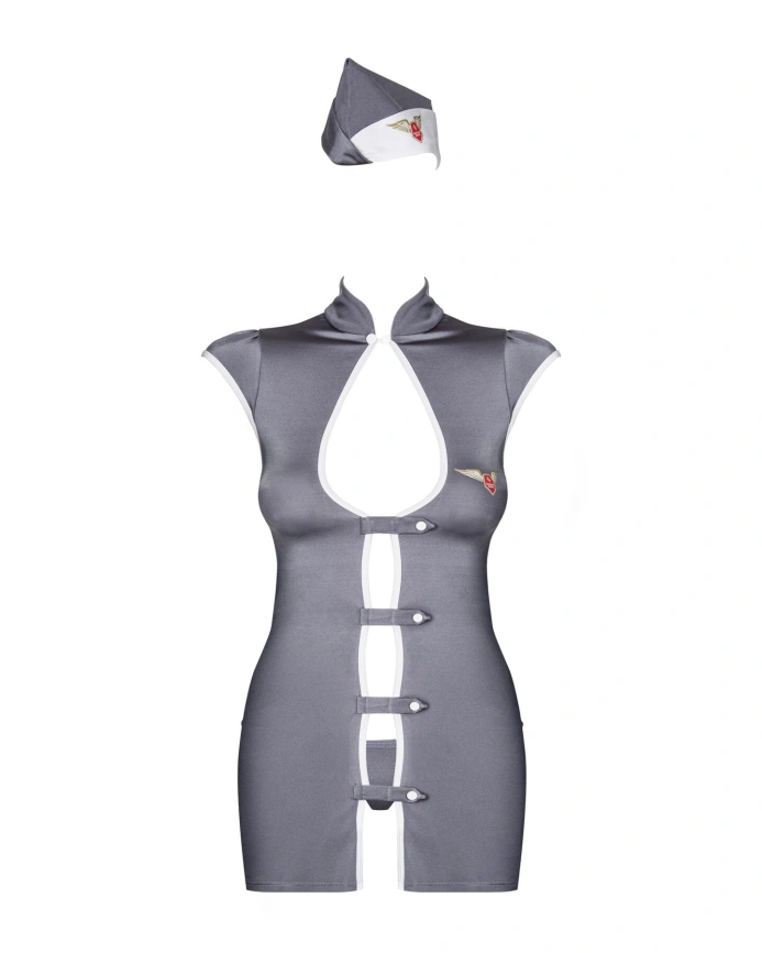 Эротический костюм стюардессы Obsessive Stewardess 3 pcs grey L/XL, серый, платье, стринги, пилотка фото 5