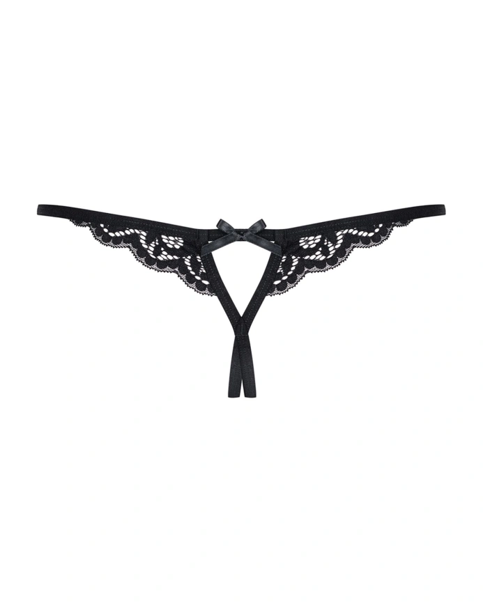 Кружевные танга с двумя отверстиями Obsessive 831-THC-1 crotchless thong S/M, черные, бантики фото 6