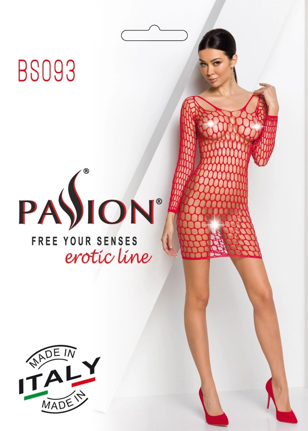 Бодистокинг-платье с глубоким воротом Passion BS093 red, длинные рукава фото 8