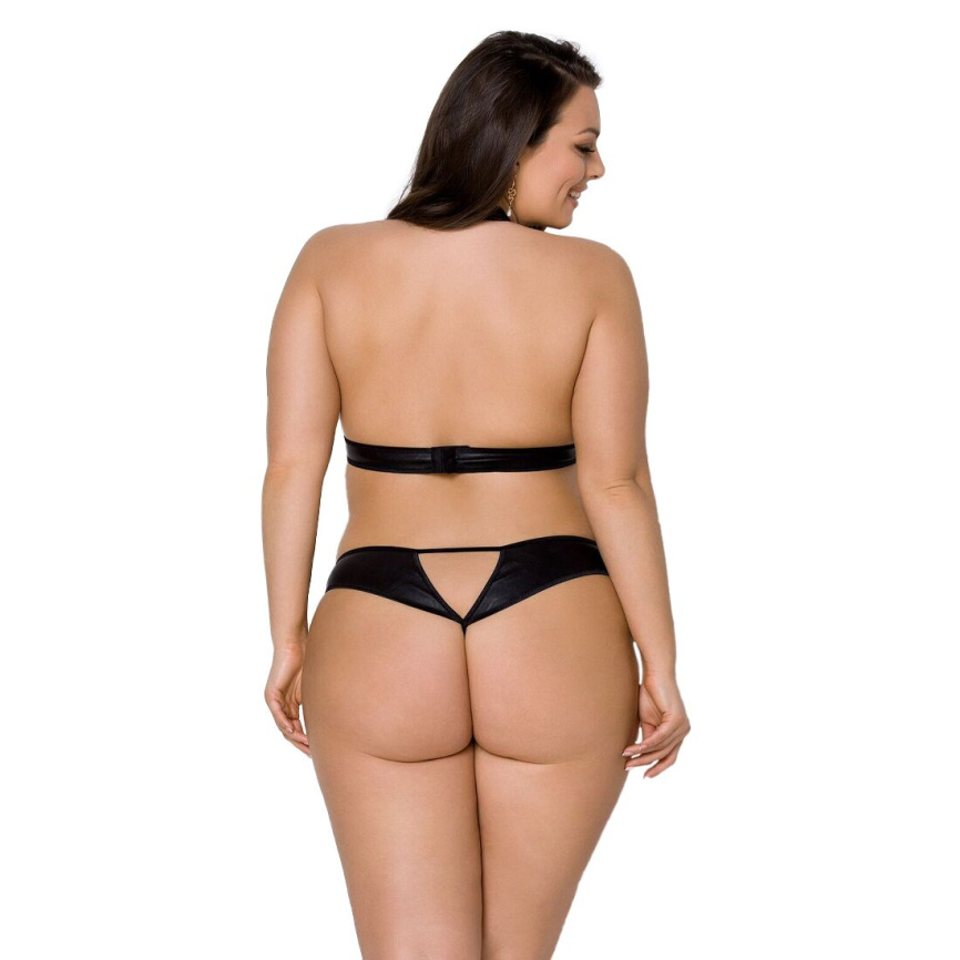 Комплект із екошкіри Passion MALWIA SET with Open Bra 4XL/5XL black, топ та трусики з люверсами фото 6