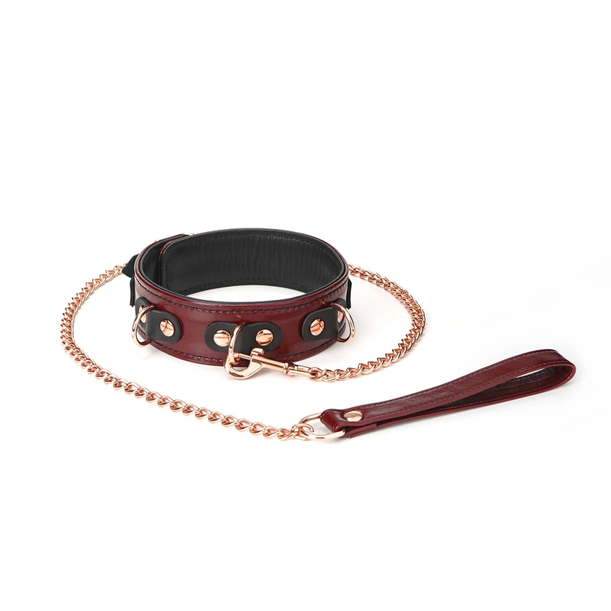 Кожаный ошейник с поводком Liebe Seele Wine Red Collar and Leash, 3 кольца для крепления фото 1