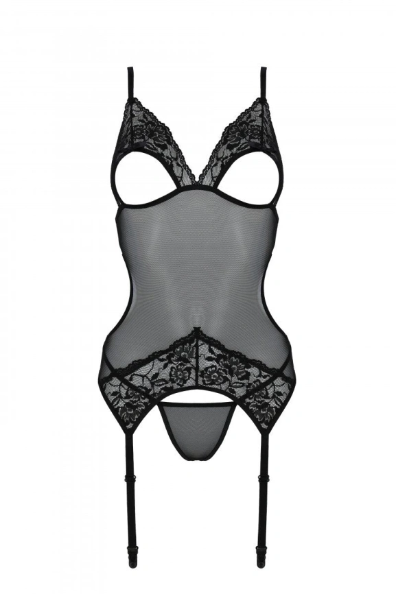 Корсет с подвязками и ажурным лифом Passion CHRISTA CORSET XXL/XXXL, black, стринги в комплекте фото 4