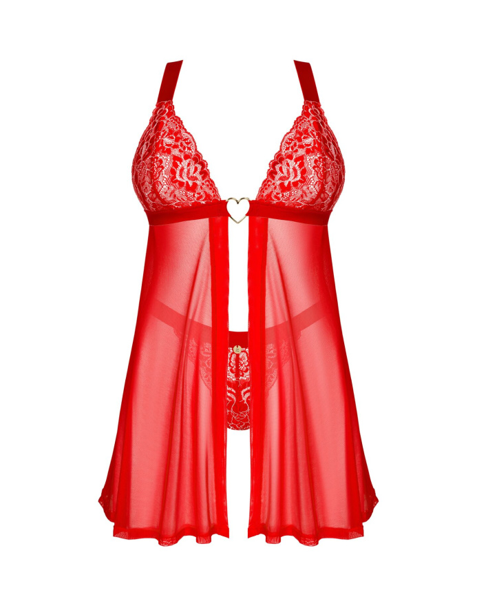 Бебі-дол Obsessive Elianes babydoll & thong, XS/S, червоний, мереживний ліф, трусики-танга в наборі фото 3