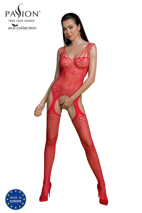 Бодістокінг Passion ECO BS004 red відкритий доступ, імітація підв’язок, квітковий декор фото 1