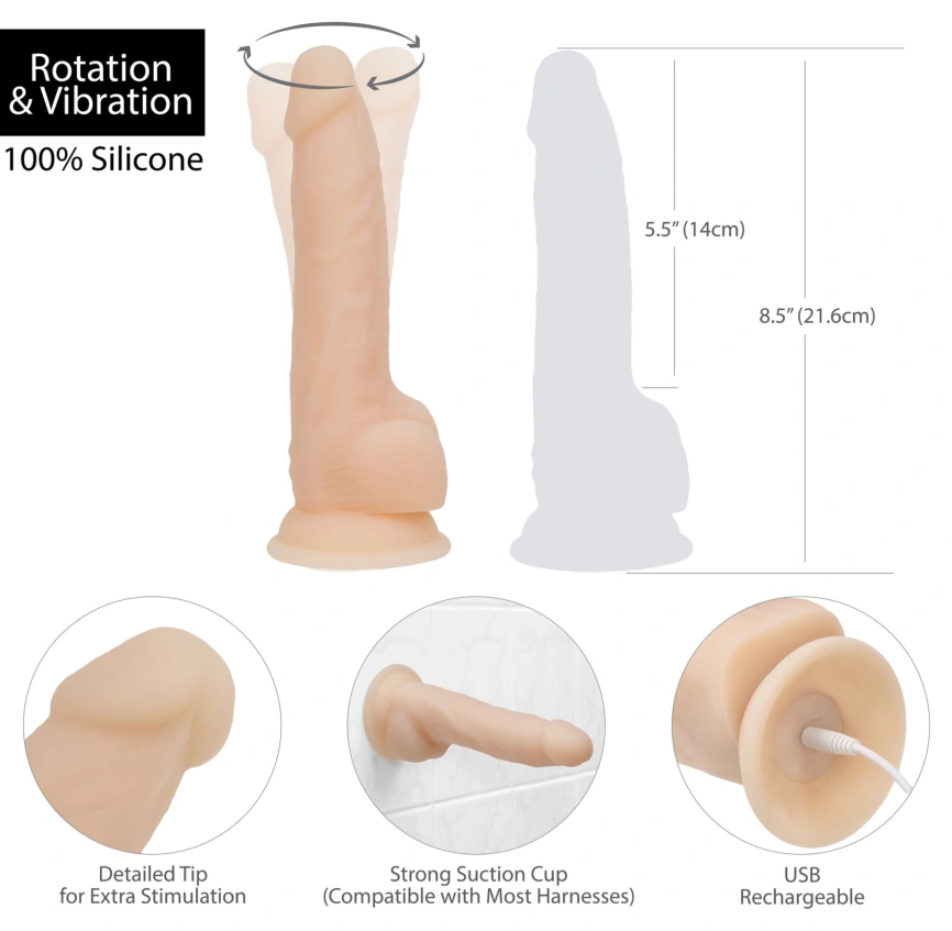 Фаллоимитатор с вибрацией и ротацией Naked ADDICTION James 8″ Rotating & Vibrating Dong, пульт ДУ фото 5