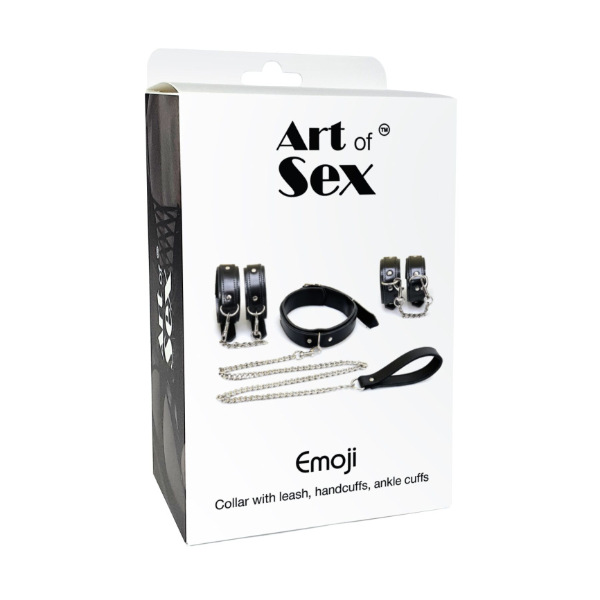Набір BDSM Art of Sex - Emoji, наручники, поножі, нашийник з повідцем, екошкіра, чорний фото 5