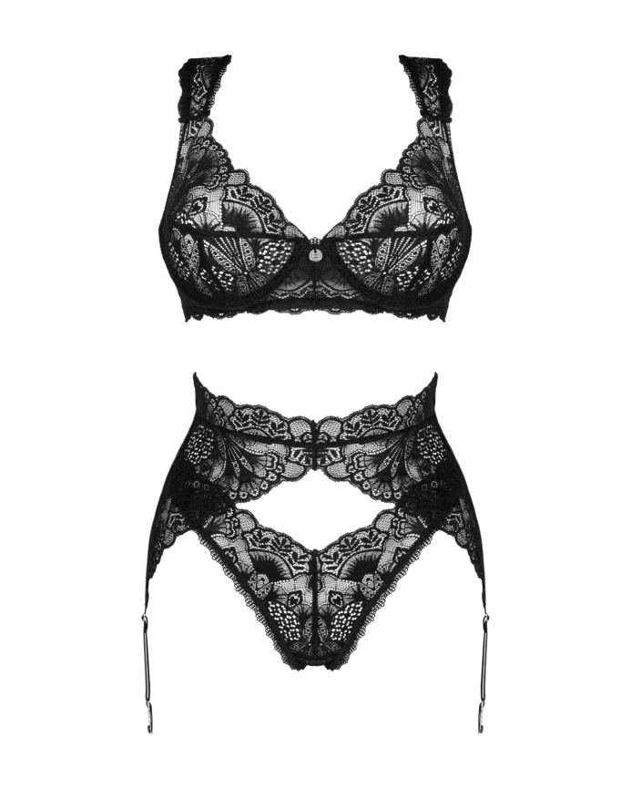 Комплект білизни Obsessive Donna Dream 3-pcs set XL/2XL Black, бюстгальтер, стрінги, пояс для панчіх фото 3