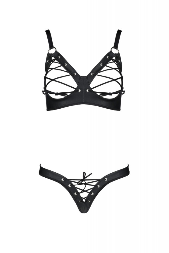 Комплект з екошкіри Passion CELINE BIKINI 6XL/7XL black, відкритий бра, стрінги зі шнурівкою фото 3