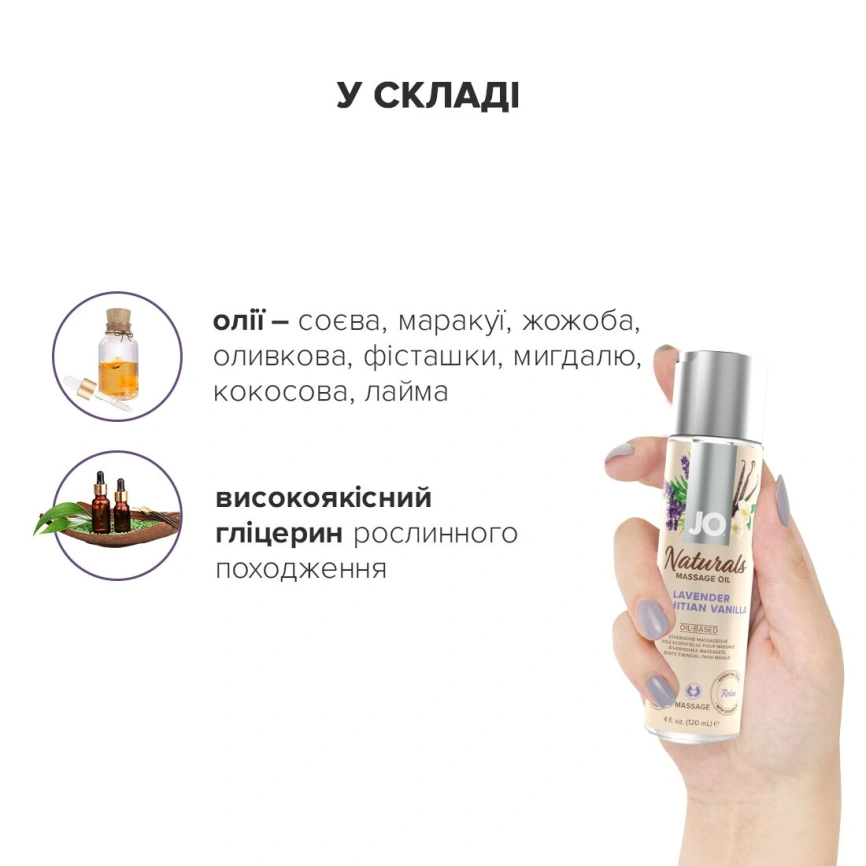 Массажное масло JO Naturals Massage Oil Lavender&Vanilla с натуральными эфирными маслами,120мл фото 4